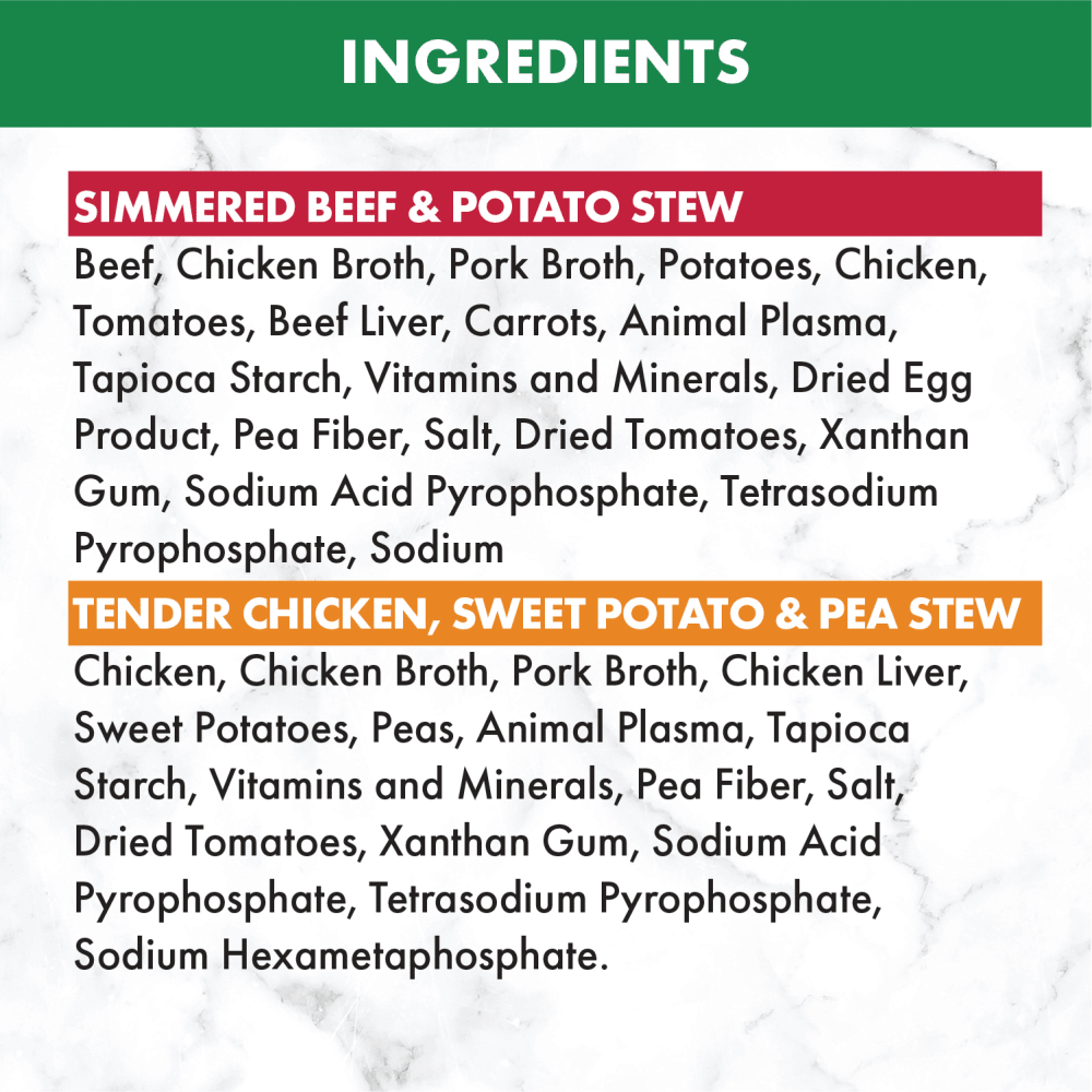 NUTRO™ Natural Choice™ Adult Cuts in Gravy Tender Chicken, Sweet Potato & Pea Stew and Simmered Beef & Potato Stew ingredients image