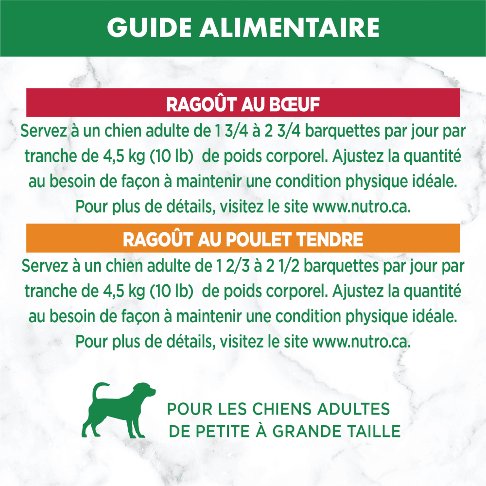 Nourriture humide pour chiens adultes NUTRO(MC) Natural Choice(MC) Coupes en sauce Ragoût avec poulet tendre, patates douces et petits pois et Ragoût avec bœuf et pommes de terre feeding guidelines image