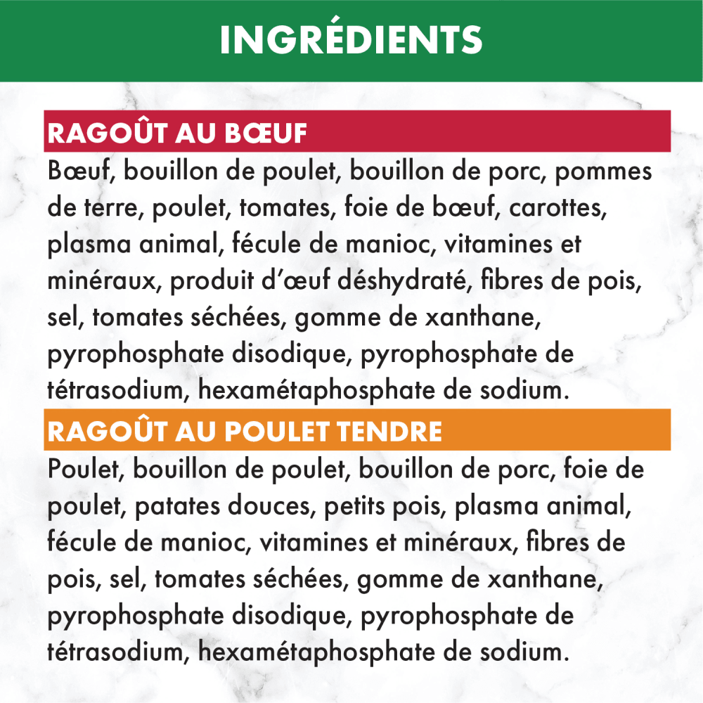Nourriture humide pour chiens adultes NUTRO(MC) Natural Choice(MC) Coupes en sauce Ragoût avec poulet tendre, patates douces et petits pois et Ragoût avec bœuf et pommes de terre ingredients image